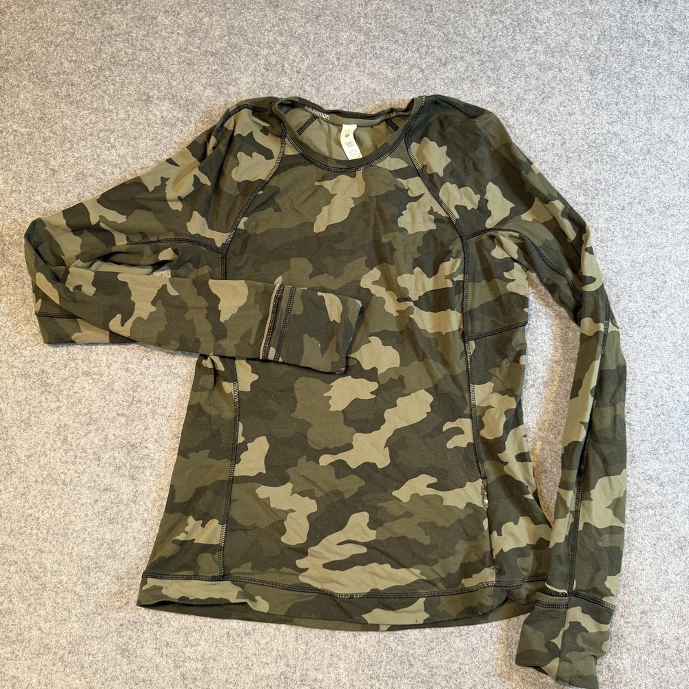Lululemon Shirt Womens 6 Green Camo Long Sleeve Crew Neck Running Top LW3FAQS - Picture 2 of 8
